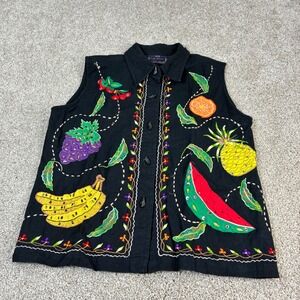 VTG Life Style Fruit‎ Embroidered Vest Sleeveless Button Up Black Linen Blend M